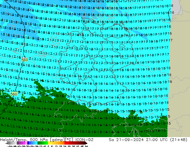 Height/Temp. 500 hPa ICON-D2 Sa 21.09.2024 21 UTC