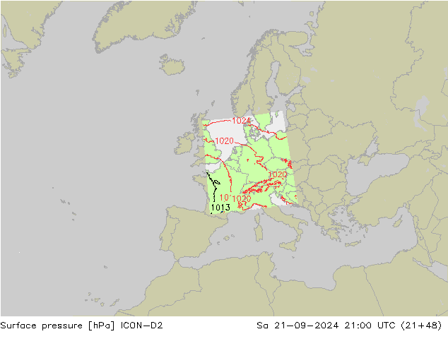 Presión superficial ICON-D2 sáb 21.09.2024 21 UTC