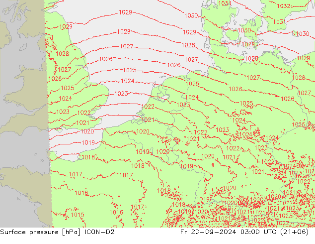 Surface pressure ICON-D2 Fr 20.09.2024 03 UTC