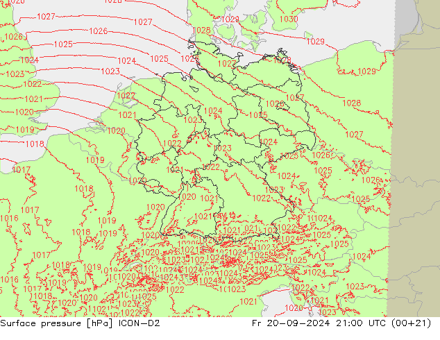 Pressione al suolo ICON-D2 ven 20.09.2024 21 UTC