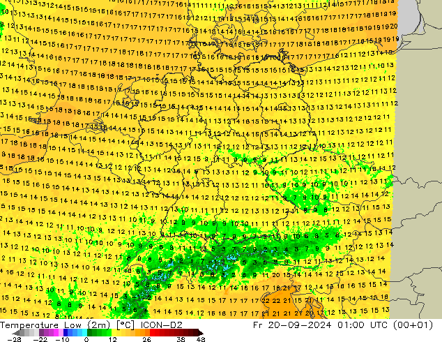 Tiefstwerte (2m) ICON-D2 Fr 20.09.2024 01 UTC