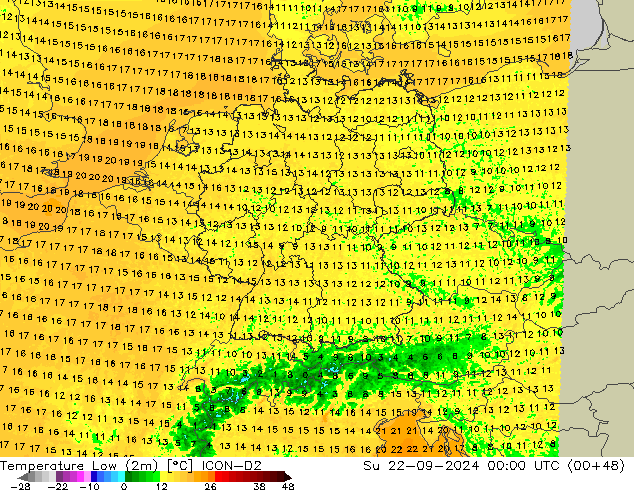 Temperature Low (2m) ICON-D2 Su 22.09.2024 00 UTC