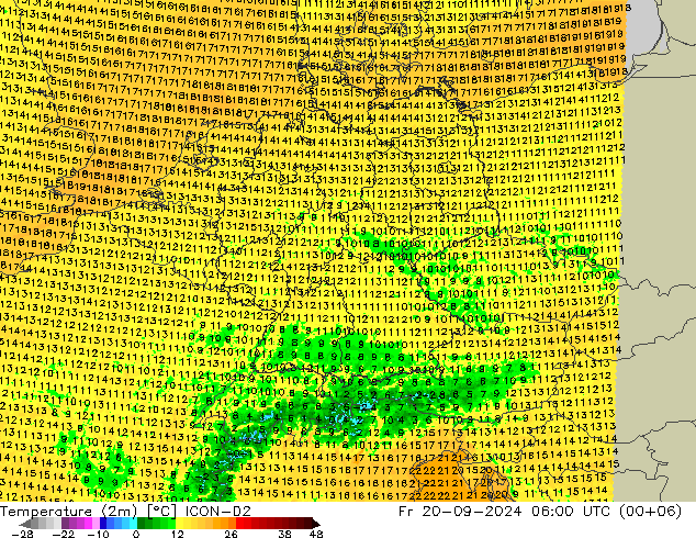 Temperaturkarte (2m) ICON-D2 Fr 20.09.2024 06 UTC