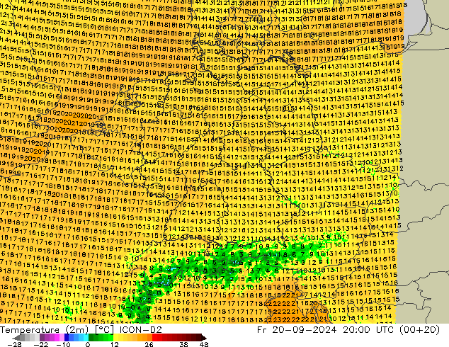 Temperatuurkaart (2m) ICON-D2 vr 20.09.2024 20 UTC