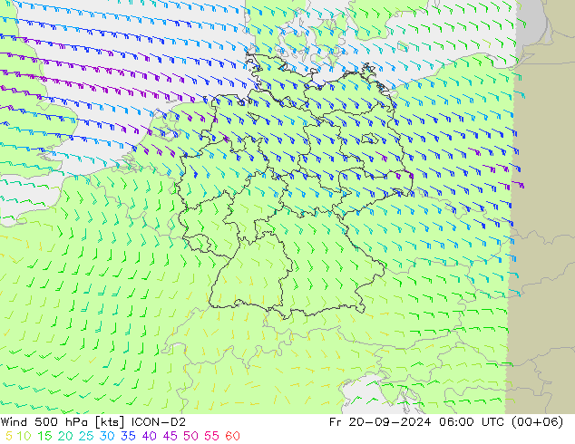 Vento 500 hPa ICON-D2 ven 20.09.2024 06 UTC