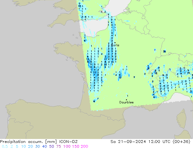 Precipitation accum. ICON-D2 Sa 21.09.2024 12 UTC