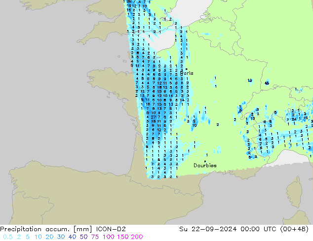 Precipitation accum. ICON-D2 Su 22.09.2024 00 UTC