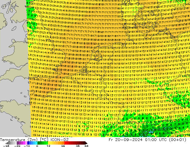 Temperatura (2m) ICON-D2 Sex 20.09.2024 01 UTC