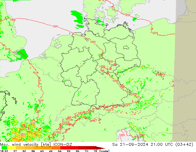 Max. wind velocity ICON-D2  21.09.2024 21 UTC