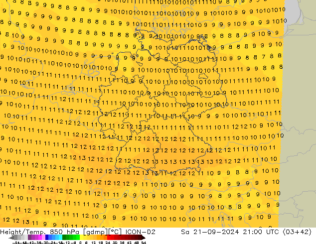 Hoogte/Temp. 850 hPa ICON-D2 za 21.09.2024 21 UTC