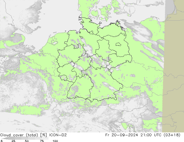 nuvens (total) ICON-D2 Sex 20.09.2024 21 UTC