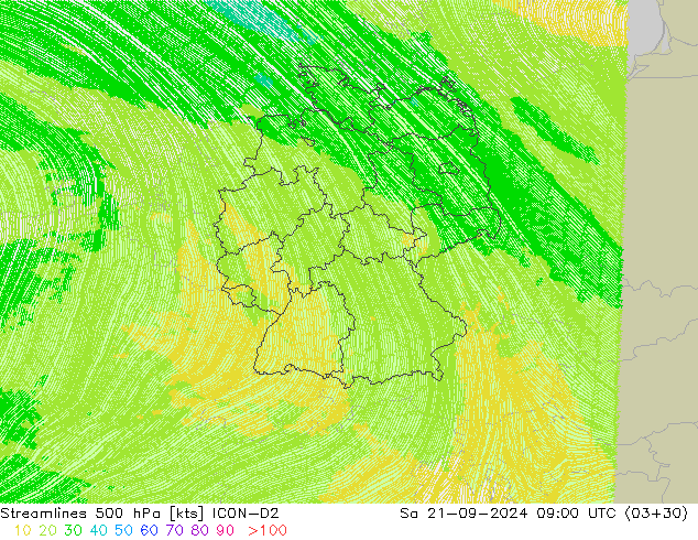 Streamlines 500 hPa ICON-D2 Sa 21.09.2024 09 UTC