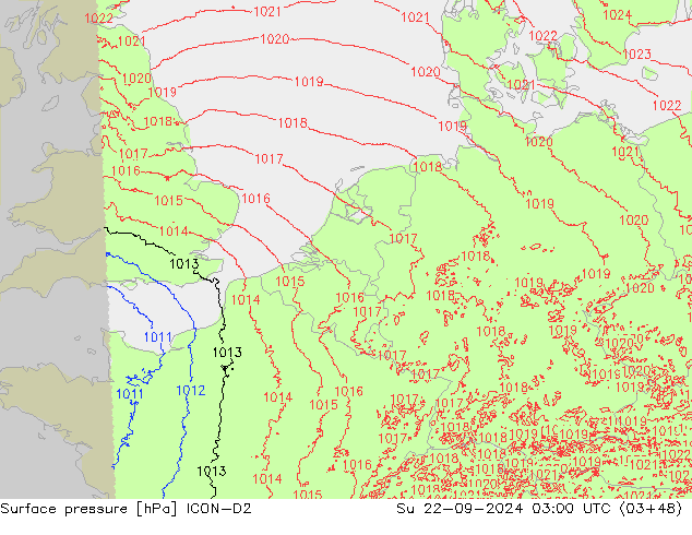 Luchtdruk (Grond) ICON-D2 zo 22.09.2024 03 UTC