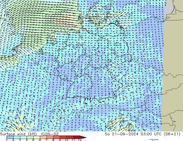 Surface wind (bft) ICON-D2 So 21.09.2024 03 UTC