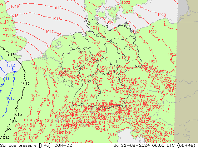 Pressione al suolo ICON-D2 dom 22.09.2024 06 UTC