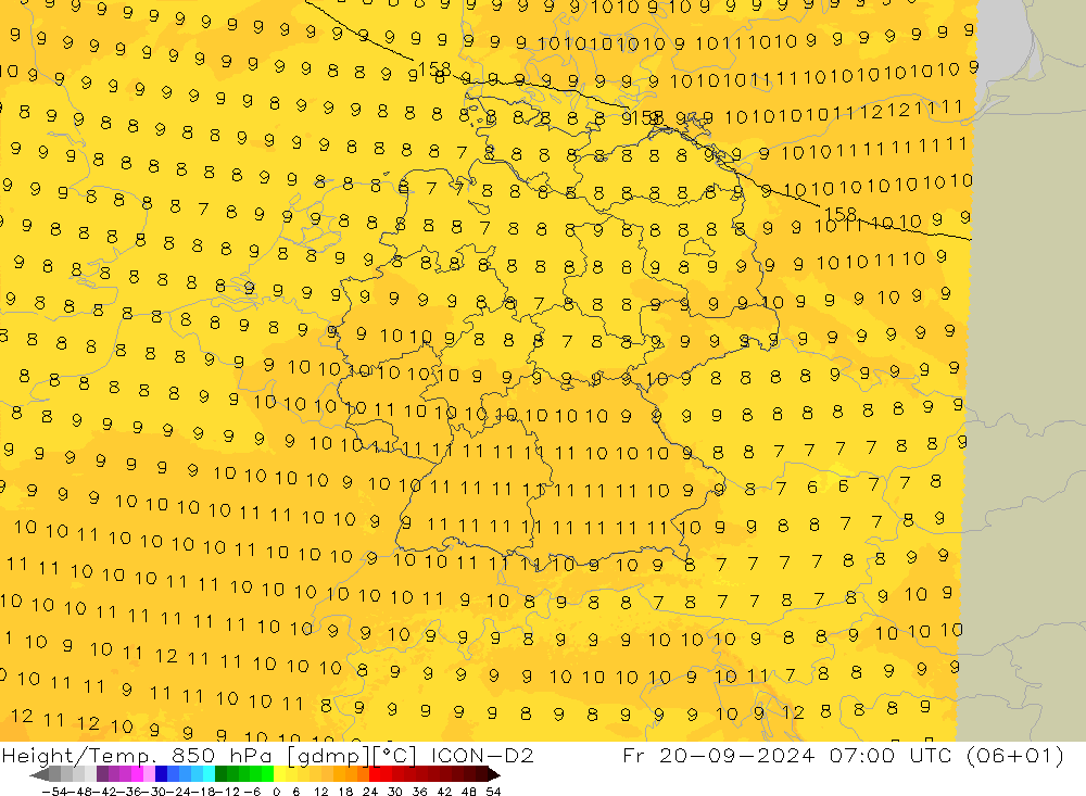 Height/Temp. 850 hPa ICON-D2 Fr 20.09.2024 07 UTC