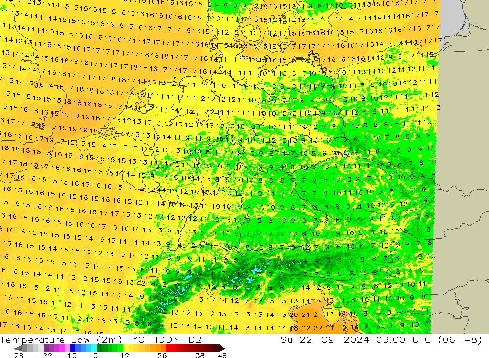 température 2m min ICON-D2 dim 22.09.2024 06 UTC