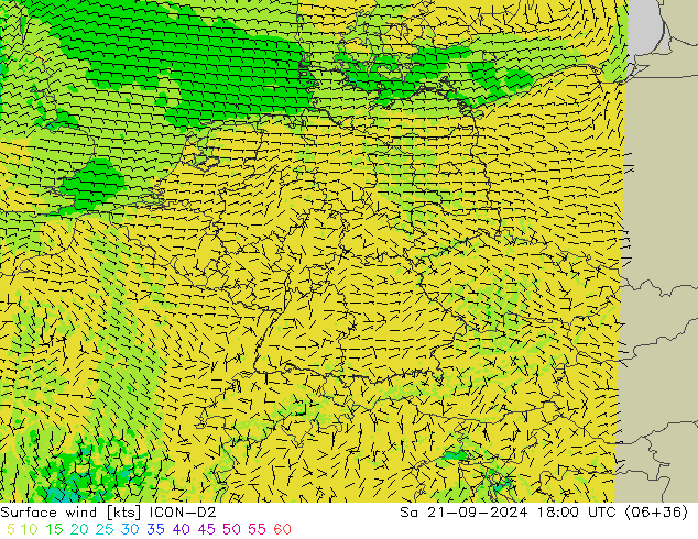 Vento 10 m ICON-D2 Sáb 21.09.2024 18 UTC