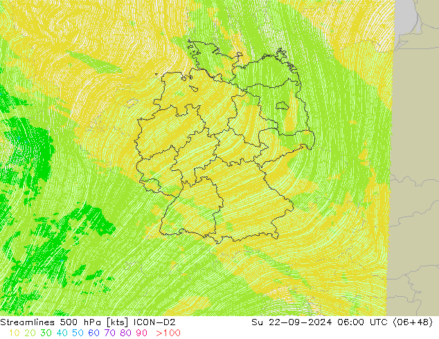 Ligne de courant 500 hPa ICON-D2 dim 22.09.2024 06 UTC