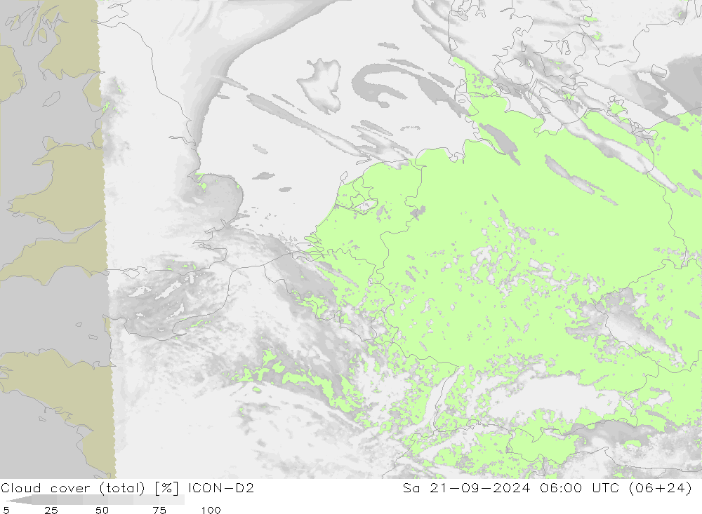 Cloud cover (total) ICON-D2 Sa 21.09.2024 06 UTC