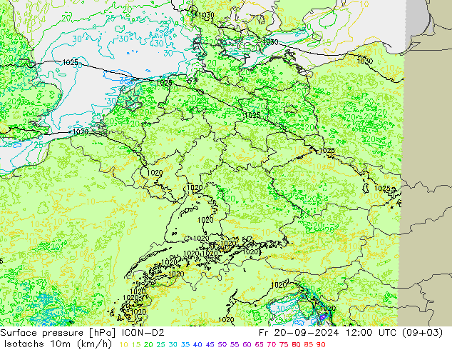 Isotachs (kph) ICON-D2 Pá 20.09.2024 12 UTC