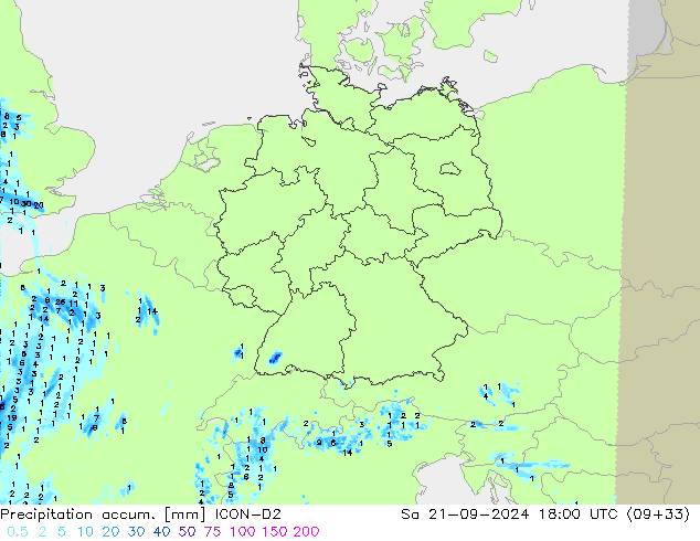 Precipitation accum. ICON-D2 сб 21.09.2024 18 UTC