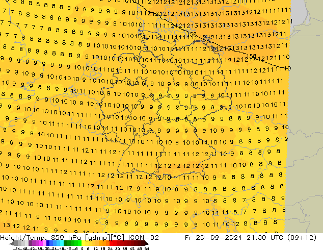 Height/Temp. 850 hPa ICON-D2  20.09.2024 21 UTC