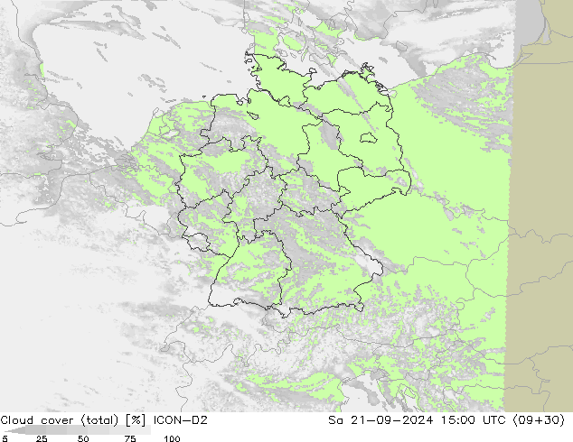 Cloud cover (total) ICON-D2 So 21.09.2024 15 UTC