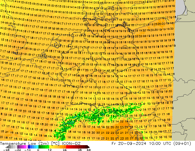 Temperature Low (2m) ICON-D2 Fr 20.09.2024 10 UTC