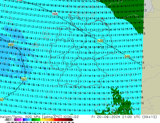 Height/Temp. 500 hPa ICON-D2 Fr 20.09.2024 21 UTC