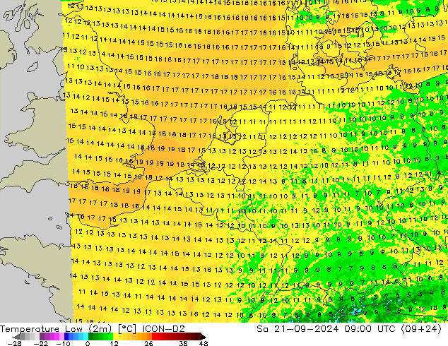 Temperature Low (2m) ICON-D2 Sa 21.09.2024 09 UTC