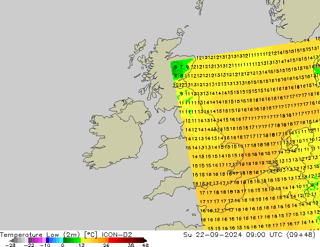Tiefstwerte (2m) ICON-D2 So 22.09.2024 09 UTC