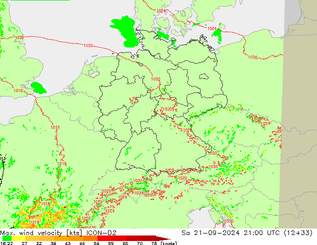 Max. wind velocity ICON-D2 Sáb 21.09.2024 21 UTC