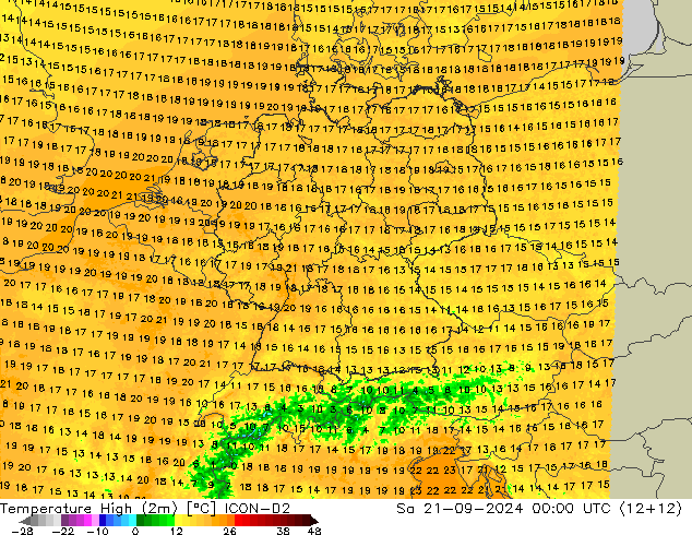 Nejvyšší teplota (2m) ICON-D2 So 21.09.2024 00 UTC