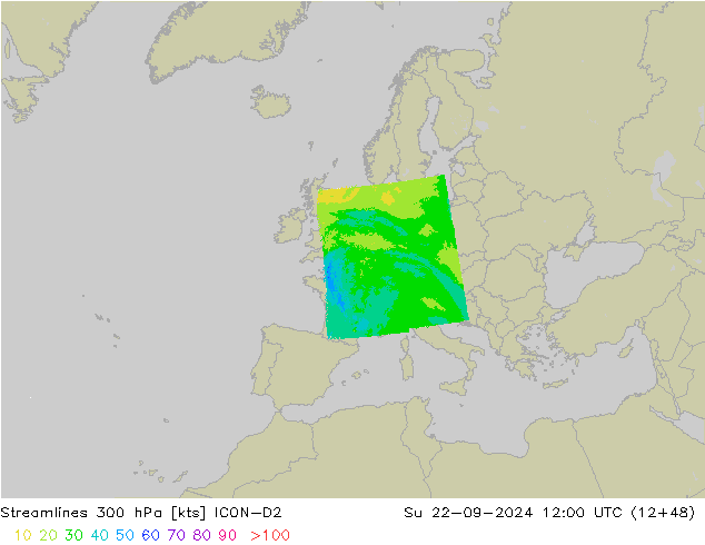 Streamlines 300 hPa ICON-D2 Su 22.09.2024 12 UTC