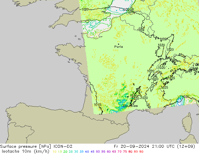 Isotachs (kph) ICON-D2 пт 20.09.2024 21 UTC