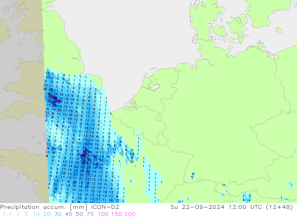 Precipitation accum. ICON-D2 Ne 22.09.2024 12 UTC