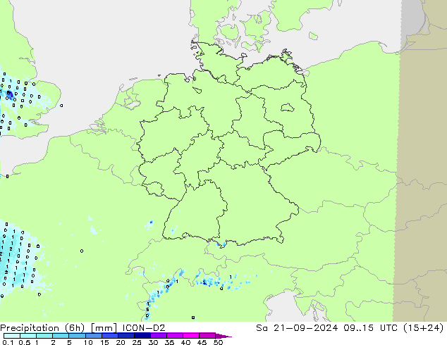 Precipitation (6h) ICON-D2 Sa 21.09.2024 15 UTC