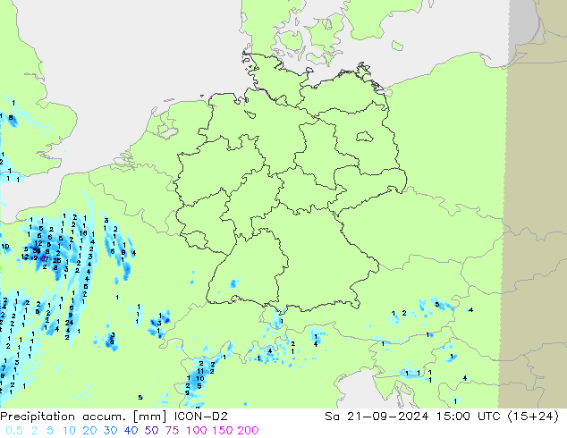 Précipitation accum. ICON-D2 sam 21.09.2024 15 UTC