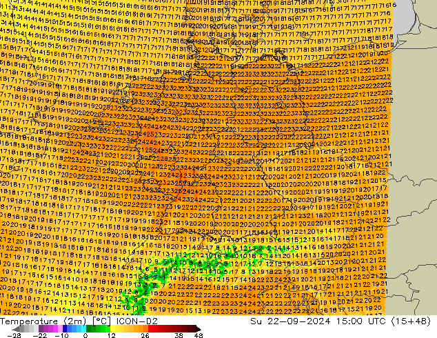 mapa temperatury (2m) ICON-D2 nie. 22.09.2024 15 UTC