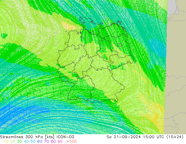 Streamlines 300 hPa ICON-D2 Sa 21.09.2024 15 UTC