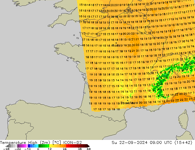 Temperature High (2m) ICON-D2 Su 22.09.2024 09 UTC