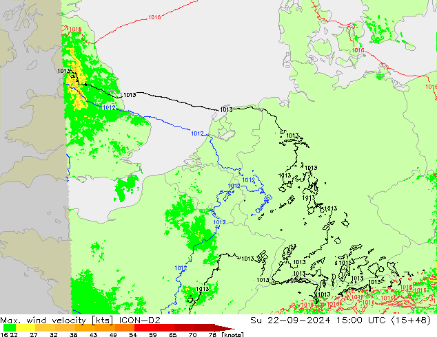 Max. wind snelheid ICON-D2 zo 22.09.2024 15 UTC