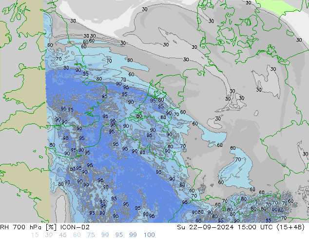 RH 700 hPa ICON-D2 Su 22.09.2024 15 UTC