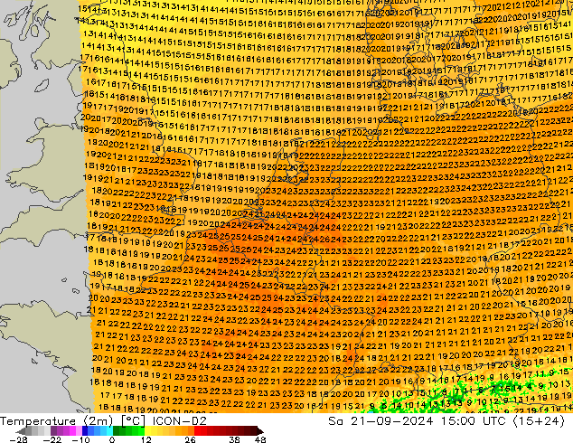 温度图 ICON-D2 星期六 21.09.2024 15 UTC