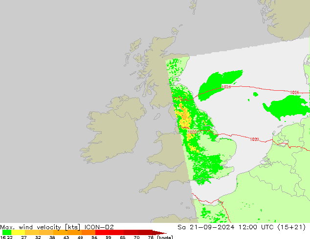 Max. wind velocity ICON-D2 Sa 21.09.2024 12 UTC