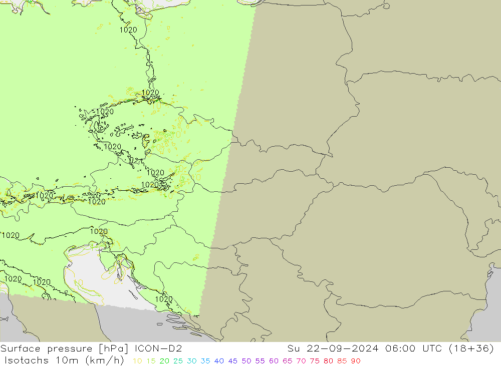 Isotachs (kph) ICON-D2 Dom 22.09.2024 06 UTC