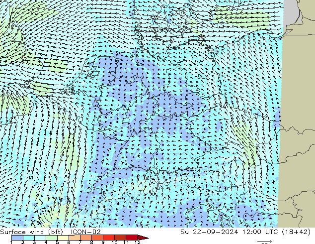 Surface wind (bft) ICON-D2 Su 22.09.2024 12 UTC