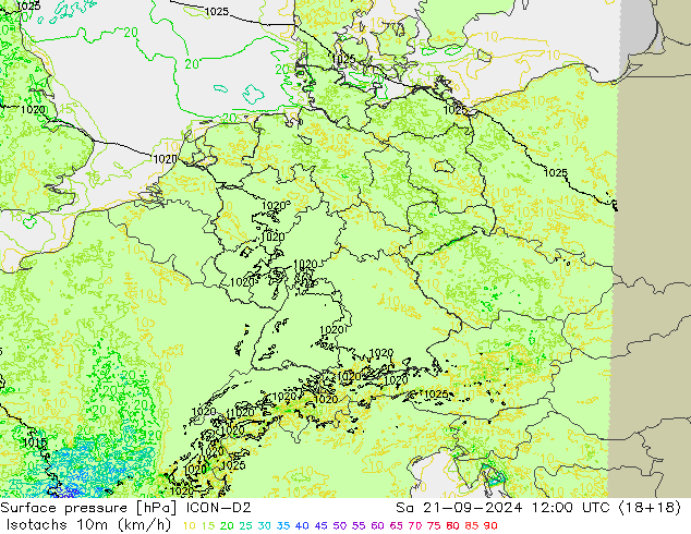 10米等风速线 (kph) ICON-D2 星期六 21.09.2024 12 UTC