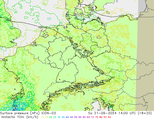 Isotachs (kph) ICON-D2 Sa 21.09.2024 14 UTC